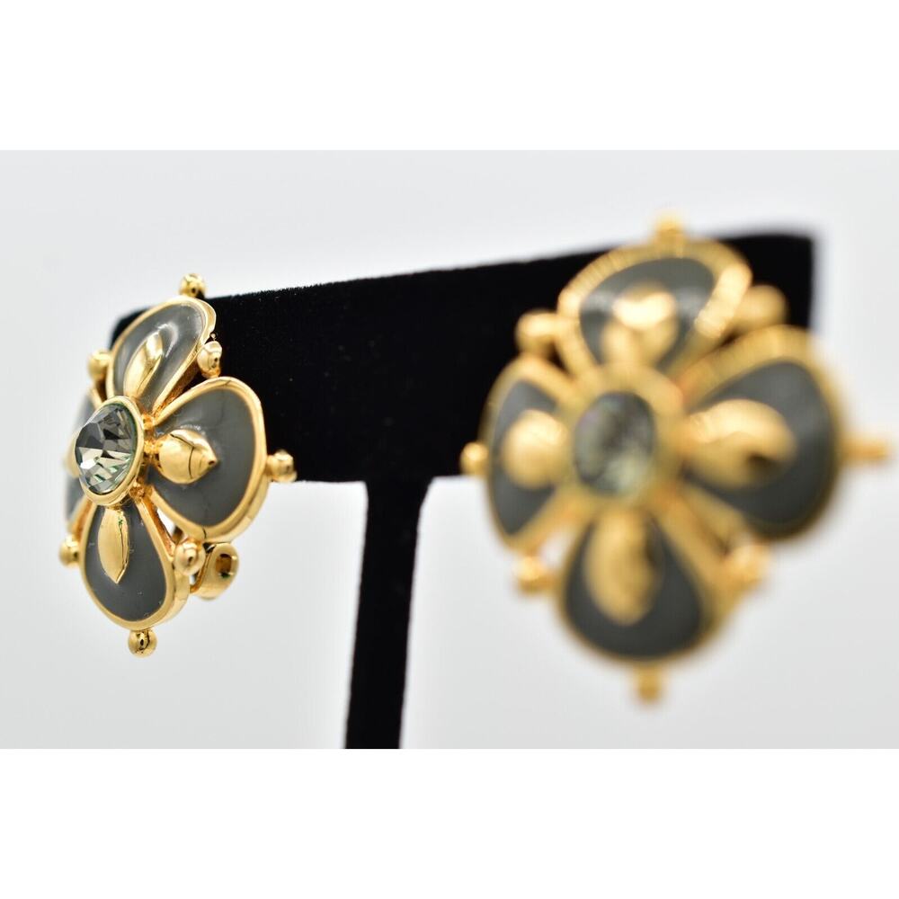 Joan Rivers Vintage Flower Clip On Earrings Gray Enamel Crystal Signed 90s BinBK - Picture 3 of 15